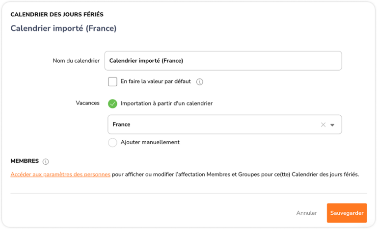 Importer un calendrier de jours fériés